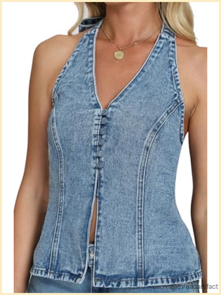 Sleeveless Denim Vest Halter Top Tie Back Button Down Backless Front Slit Jean